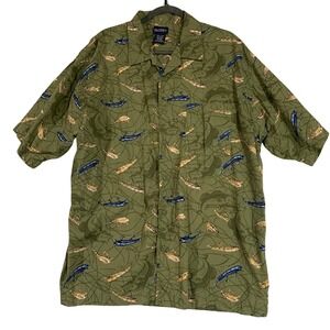 Puritan Fishing Lure Print Camp Shirt Short Sleeve Olive Green‎ Mens XL
